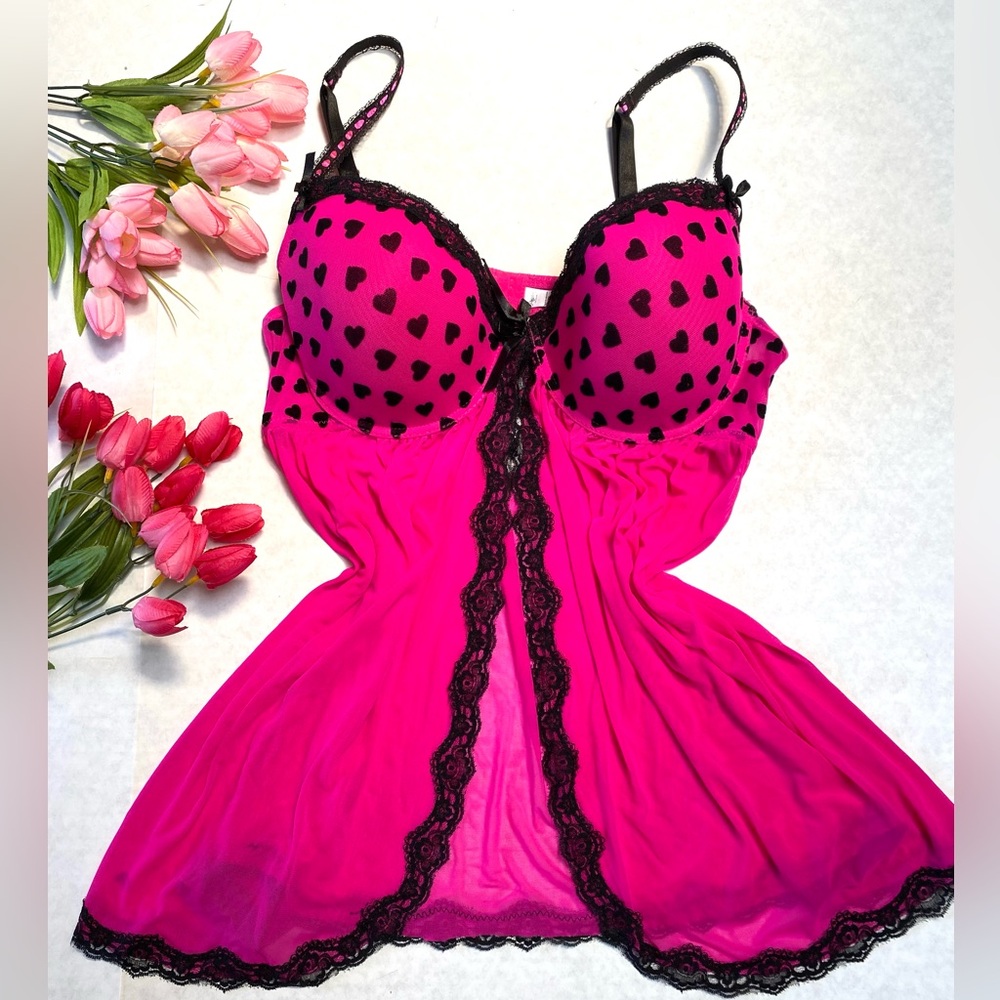 Pink Heart Lace Open Front Babydoll